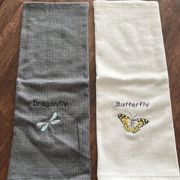 NEW flaws- Set of Gray and White 100% Cotton Embroidered Barmop Dishtowels - Picture 5 of 8